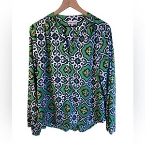 Buckhead Betties  Geometric Green and Blue Blouse Long Sleeve Button Up XL